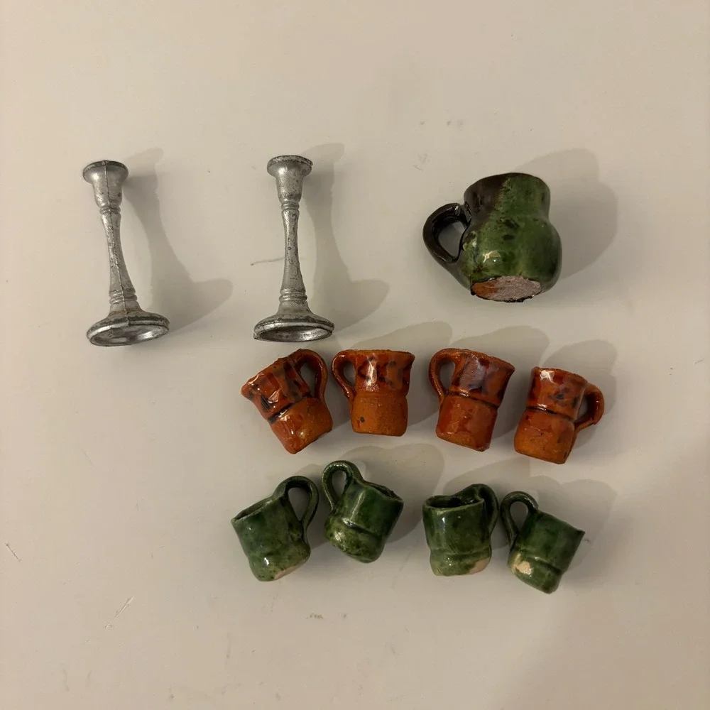 VTG Dollhouse Miniature Glazed Redware Pottery Mugs Pitcher Candlesticks Lot